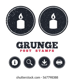 Grunge post stamps. Candle sign icon. Fire symbol. Information, download and printer signs. Aged texture web buttons. Vector
