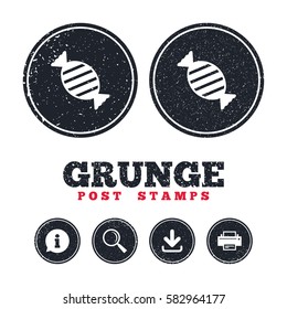 Grunge post stamps. Candy icon. Sweet food sign. Information, download and printer signs. Aged texture web buttons. Vector
