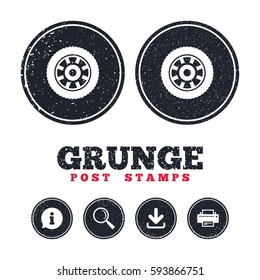 Grunge post stamps. Car wheel sign icon. Circular transport component symbol. Information, download and printer signs. Aged texture web buttons. Vector