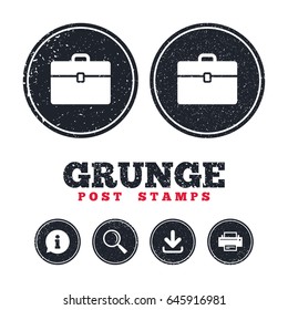 Grunge post stamps. Case sign icon. Briefcase button. Information, download and printer signs. Aged texture web buttons. Vector