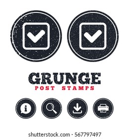 Grunge post stamps. Check mark sign icon. Yes square symbol. Confirm approved. Information, download and printer signs. Aged texture web buttons. Vector