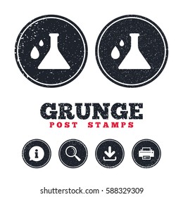 Grunge post stamps. Chemistry sign icon. Bulb symbol with drops. Lab icon. Information, download and printer signs. Aged texture web buttons. Vector
