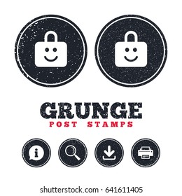 Grunge post stamps. Child lock icon. Locker with smile symbol. Child protection. Information, download and printer signs. Aged texture web buttons. Vector