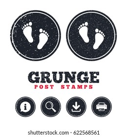Grunge post stamps. Child pair of footprint sign icon. Toddler barefoot symbol. Baby's first steps. Information, download and printer signs. Aged texture web buttons. Vector