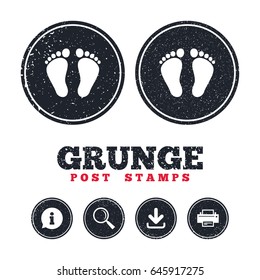 Grunge post stamps. Child pair of footprint sign icon. Toddler barefoot symbol. Information, download and printer signs. Aged texture web buttons. Vector