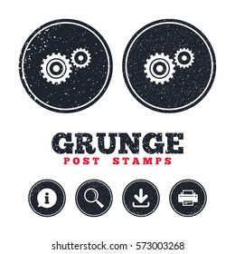 Grunge post stamps. Cog settings sign icon. Cogwheel gear mechanism symbol. Information, download and printer signs. Aged texture web buttons. Vector