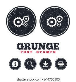 Grunge post stamps. Cog settings sign icon. Cogwheel gear mechanism symbol. Information, download and printer signs. Aged texture web buttons. Vector