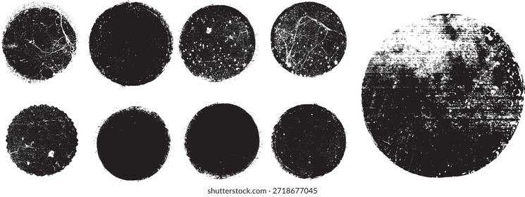 Colección de sellos postales Grunge, Circles. Anuncios, insignias, logotipos, iconos, etiquetas e insignias Set. texturas de angustia de Vector. Formas en blanco.
