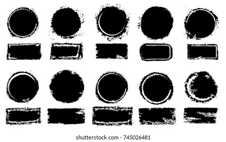 Grunge post stamps collection, circles. Freehand drawing. Banners, insignias, logos, icons, labels and badges set. Distress textures. Blank shapes. Vector illustration. Isolated on white background