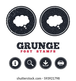 Grunge post stamps. Comic speech bubble sign icon. Chat think symbol. Information, download and printer signs. Aged texture web buttons. Vector