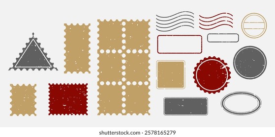 Grunge post stamps different forms and sizes for mail envelop letter and postmark in retro style vector illustration. Retro wavy, square, circle scratched seal for old-fashioned correspondence design