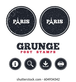 Grunge post stamps. Eiffel tower icon. Paris symbol. Information, download and printer signs. Aged texture web buttons. Vector