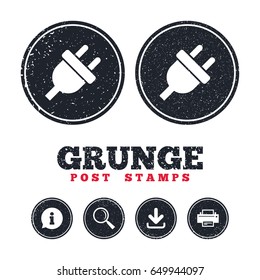 Grunge post stamps. Electric plug sign icon. Power energy symbol. Information, download and printer signs. Aged texture web buttons. Vector