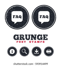 Grunge post stamps. FAQ information sign icon. Help speech bubble symbol. Information, download and printer signs. Aged texture web buttons. Vector