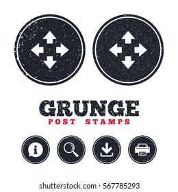 Grunge post stamps. Fullscreen sign icon. Arrows symbol. Icon for App. Information, download and printer signs. Aged texture web buttons. Vector