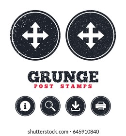 Grunge post stamps. Fullscreen sign icon. Arrows symbol. Icon for App. Information, download and printer signs. Aged texture web buttons. Vector