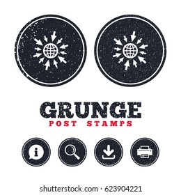 Grunge post stamps. Go to Web icon. Globe with mouse cursor sign. Internet access symbol. Information, download and printer signs. Aged texture web buttons. Vector
