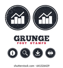 Grunge post stamps. Graph chart sign icon. Diagram symbol. Statistics. Information, download and printer signs. Aged texture web buttons. Vector