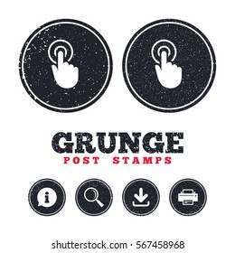 Grunge post stamps. Hand cursor sign icon. Hand pointer symbol. Information, download and printer signs. Aged texture web buttons. Vector