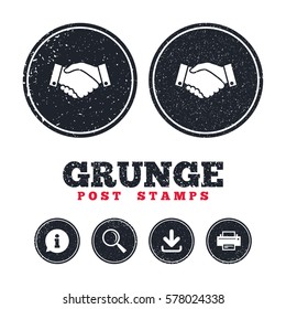 Grunge post stamps. Handshake sign icon. Successful business symbol. Information, download and printer signs. Aged texture web buttons. Vector