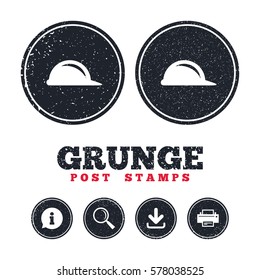 Grunge post stamps. Hard hat sign icon. Construction helmet symbol. Information, download and printer signs. Aged texture web buttons. Vector