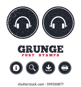 Grunge post stamps. Headphones sign icon. Earphones button. Information, download and printer signs. Aged texture web buttons. Vector