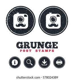 Grunge post stamps. Hipster photo camera with mustache sign icon. Retro camera symbol. Information, download and printer signs. Aged texture web buttons. Vector