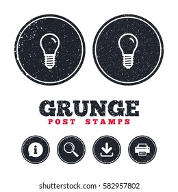 Grunge post stamps. Light bulb icon. Lamp E14 screw socket symbol. Led light sign. Information, download and printer signs. Aged texture web buttons. Vector