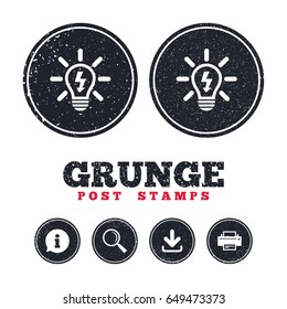 Grunge post stamps. Light lamp sign icon. Bulb with lightning symbol. Idea symbol. Information, download and printer signs. Aged texture web buttons. Vector