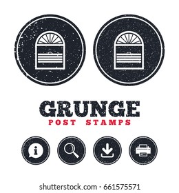 Grunge post stamps. Louvers plisse sign icon. Window blinds or jalousie symbol. Information, download and printer signs. Aged texture web buttons. Vector