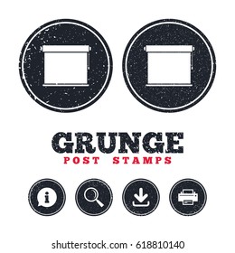 Grunge post stamps. Louvers rolls sign icon. Window blinds or jalousie symbol. Information, download and printer signs. Aged texture web buttons. Vector