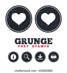 Grunge post stamps. Love icon. Heart sign symbol. Information, download and printer signs. Aged texture web buttons. Vector
