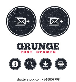 Grunge post stamps. Mail delivery icon. Envelope symbol. Message sign. Mail navigation button. Information, download and printer signs. Aged texture web buttons. Vector