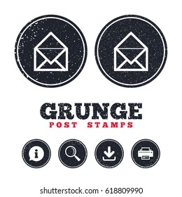 Grunge post stamps. Mail icon. Envelope symbol. Message sign. Mail navigation button. Information, download and printer signs. Aged texture web buttons. Vector