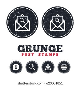 Grunge post stamps. Mail search icon. Envelope symbol. Message sign. Mail navigation button. Information, download and printer signs. Aged texture web buttons. Vector