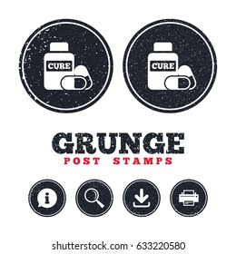 Grunge post stamps. Medical pills bottle sign icon. Pharmacy medicine drugs symbol. Information, download and printer signs. Aged texture web buttons. Vector