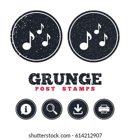 Grunge post stamps. Music notes sign icon. Musical symbol. Information, download and printer signs. Aged texture web buttons. Vector