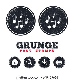 Grunge post stamps. Music notes sign icon. Musical symbol. Information, download and printer signs. Aged texture web buttons. Vector