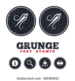 Grunge post stamps. Needle with thread icon. Tailor symbol. Textile sew up craft sign. Embroidery tool. Information, download and printer signs. Aged texture web buttons. Vector