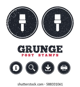 Grunge post stamps. Paint brush sign icon. Artist symbol. Information, download and printer signs. Aged texture web buttons. Vector