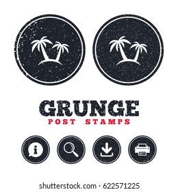 Grunge post stamps. Palm Tree sign icon. Travel trip symbol. Information, download and printer signs. Aged texture web buttons. Vector