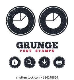 Grunge post stamps. Pie chart graph sign icon. Diagram button. Information, download and printer signs. Aged texture web buttons. Vector