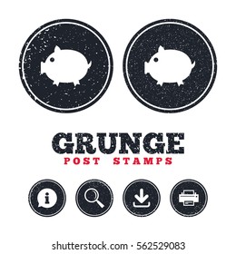 Grunge post stamps. Piggy sign icon. Pork symbol. Information, download and printer signs. Aged texture web buttons. Vector
