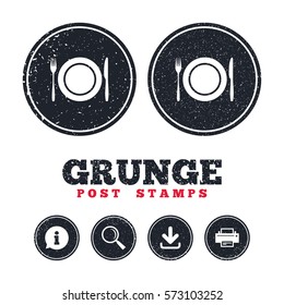 Grunge post stamps. Plate dish with fork and knife. Eat sign icon. Cutlery etiquette rules symbol. Information, download and printer signs. Aged texture web buttons. Vector