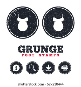 Grunge post stamps. Pregnant woman shirt sign icon. Maternity symbol Information, download and printer signs. Aged texture web buttons. Vector