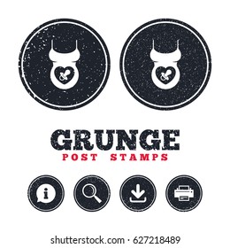 Grunge post stamps. Pregnant woman shirt sign icon. Baby on board with dummy. Maternity symbol Information, download and printer signs. Aged texture web buttons. Vector