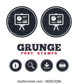 Grunge post stamps. Presentation billboard sign icon. Scheme and Diagram symbol. Information, download and printer signs. Aged texture web buttons. Vector