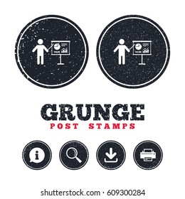 Grunge post stamps. Presentation sign icon. Man standing with pointer. Scheme and Diagram symbol. Information, download and printer signs. Aged texture web buttons. Vector