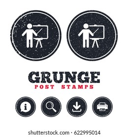 Grunge post stamps. Presentation sign icon. Man standing with pointer. Blank empty billboard symbol. Information, download and printer signs. Aged texture web buttons. Vector
