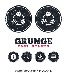 Grunge post stamps. Producing honey and beeswax sign icon. Honeycomb cells symbol. Honey in pot. Sweet natural food cycle in nature. Information, download and printer signs. Aged texture web buttons